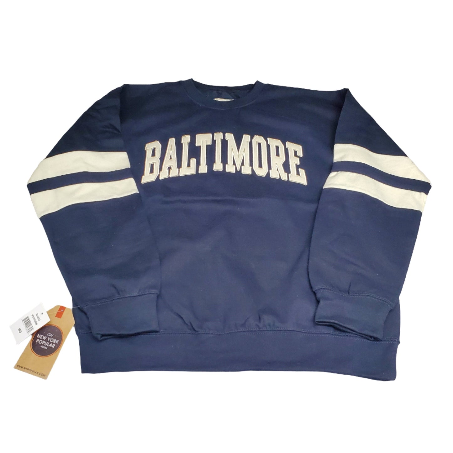"Baltimore" Adult Unisex S-XL Crew Neck Pullover Sweater Embroidered Striped Long Sleeve, Navy Blue / Cream Cotton 60%/ Polyester 40%
