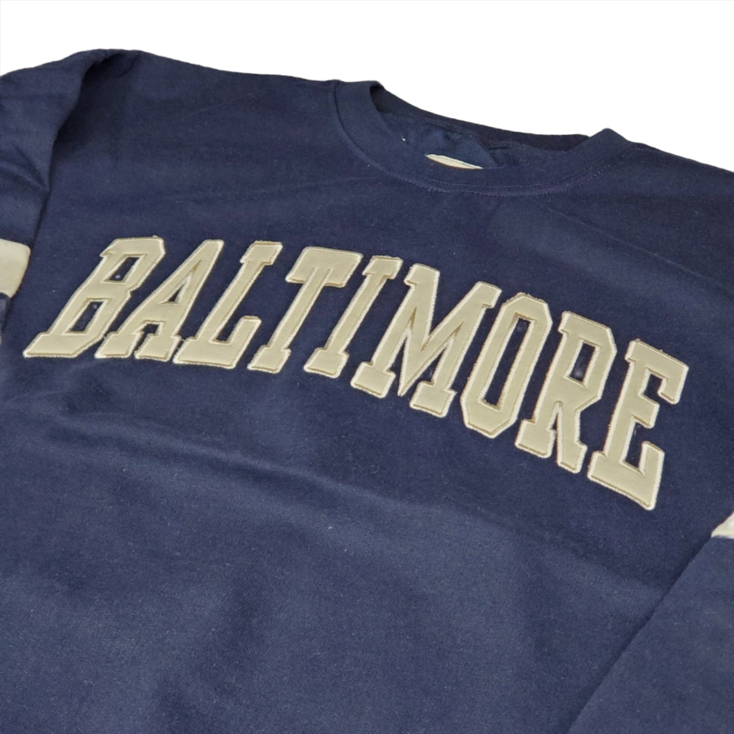 "Baltimore" Adult Unisex S-XL Crew Neck Pullover Sweater Embroidered Striped Long Sleeve, Navy Blue / Cream Cotton 60%/ Polyester 40%