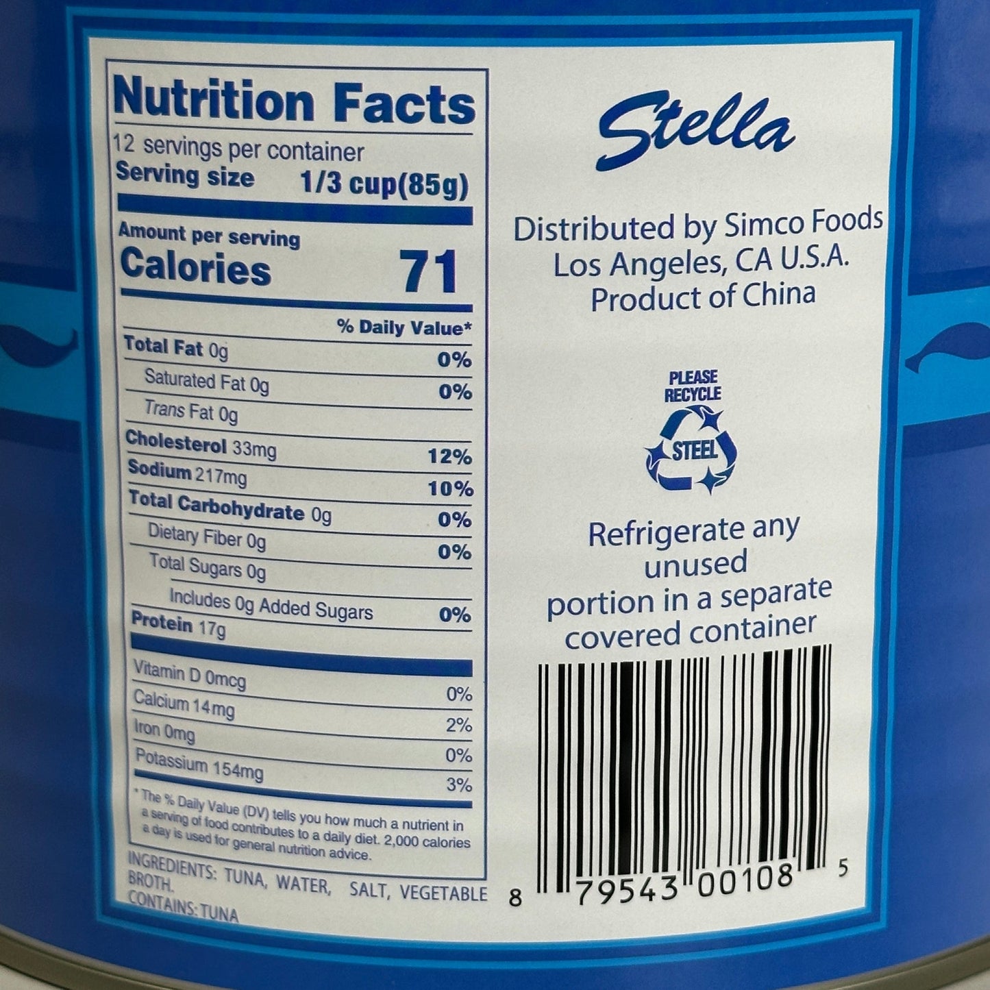 STELLA Chunk Light Tuna in Water 4 lbs 2.5 oz. BULK