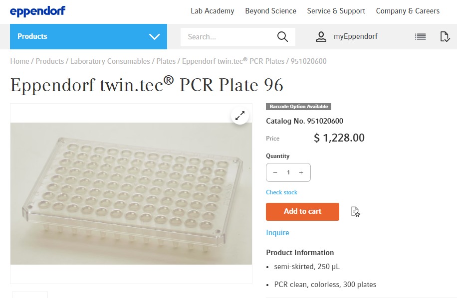 EPPENDORF AG Twin.Tec Microbiology PCR Plates 250 uL Semi-Skirted Colorless Case, 300x ct., #951020600
