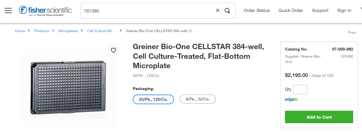 GREINER BIO-ONE CellStar Cell Culture Microplates 384 Well Polystyrene 120x Pieces/ Case - 781090