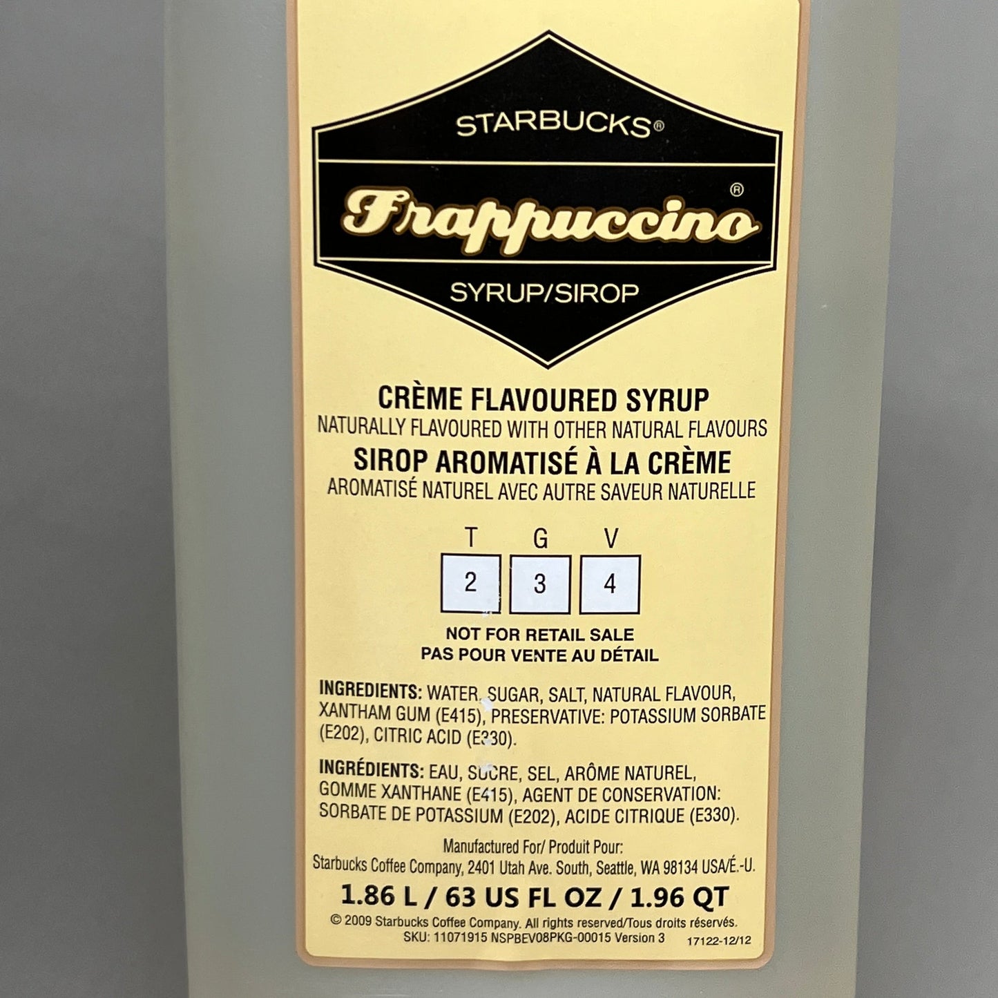 STARBUCKS Frappuccino Syrup Crème Flavored Syrup - 1.86 L Shelf Stable (as-is) Best By: 01/25