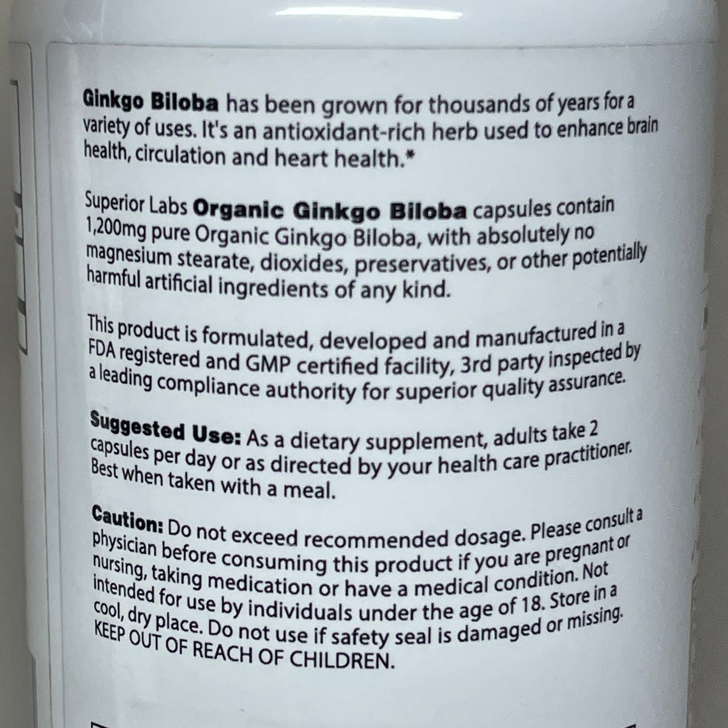 Superior Labs Organic Ginkgo Biloba 1200mg 120 Capsules
