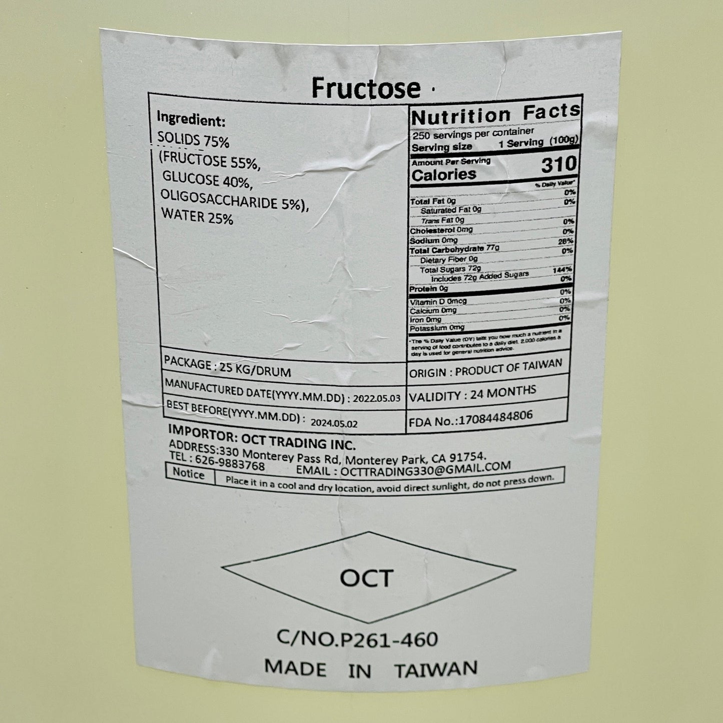 Oct Trading Liquid Fructose - 25kg Drum / 55 lbs. Shelf Stable (as-is)