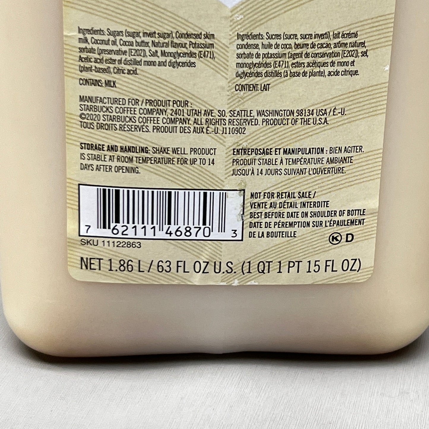STARBUCKS Fontana White Chocolate Sauce - 63 fl.oz. Shelf Stable (as-is) Best By: 12/24