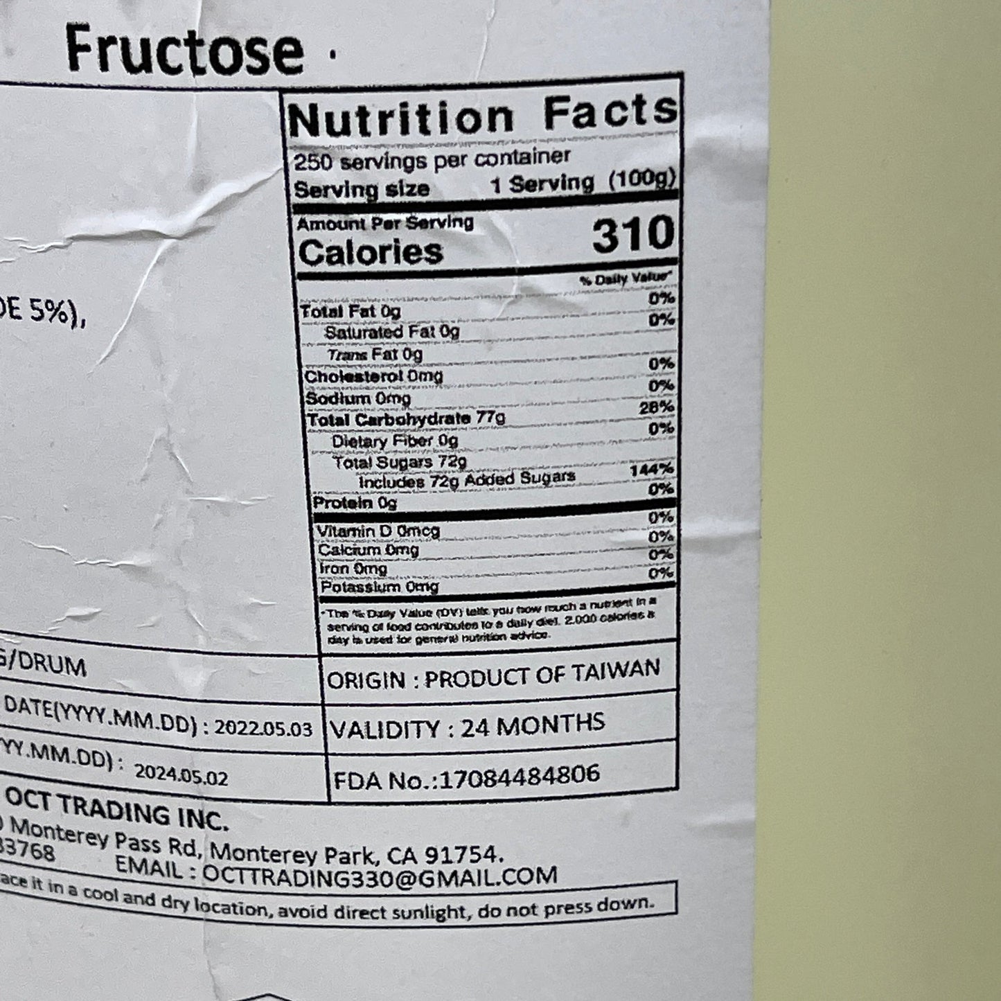 Oct Trading Liquid Fructose - 25kg Drum / 55 lbs. Shelf Stable (as-is)