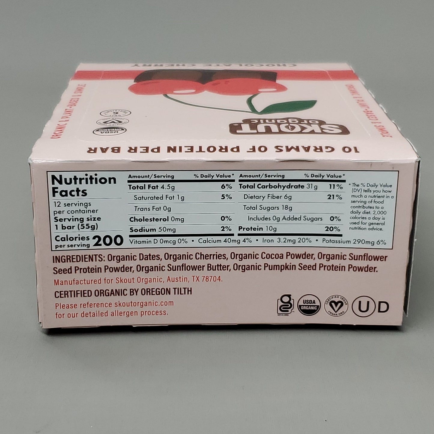 Skout Organic Chocolate Cherry Protein Bars Organic & Plant-Based Ingredients 12x/1.9 oz. Shelf Stable (as-is) Best By: 2/23
