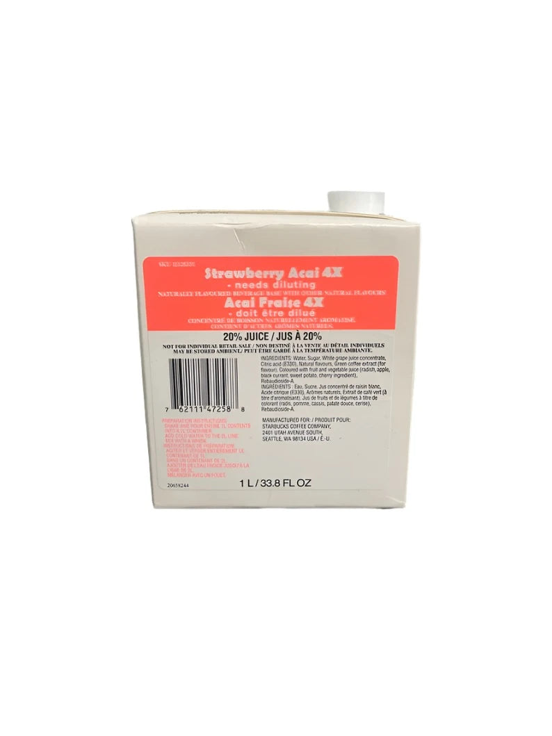 STARBUCKS Strawberry Acai 4x Concentrated Beverage Base Naturally Flavored 1 L. Shelf Stable Best by: 10/25
