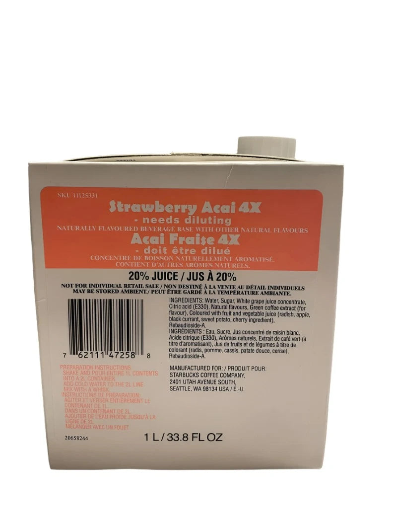 STARBUCKS Strawberry Acai 4x Concentrated Beverage Base Naturally Flavored 1 L. Shelf Stable Best by: 10/25
