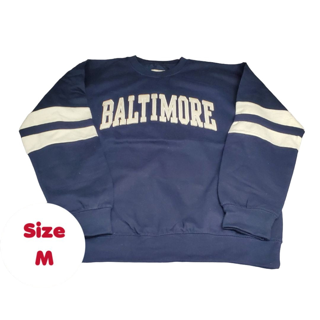 "Baltimore" Adult Unisex S-XL Crew Neck Pullover Sweater Embroidered Striped Long Sleeve, Navy Blue / Cream Cotton 60%/ Polyester 40%
