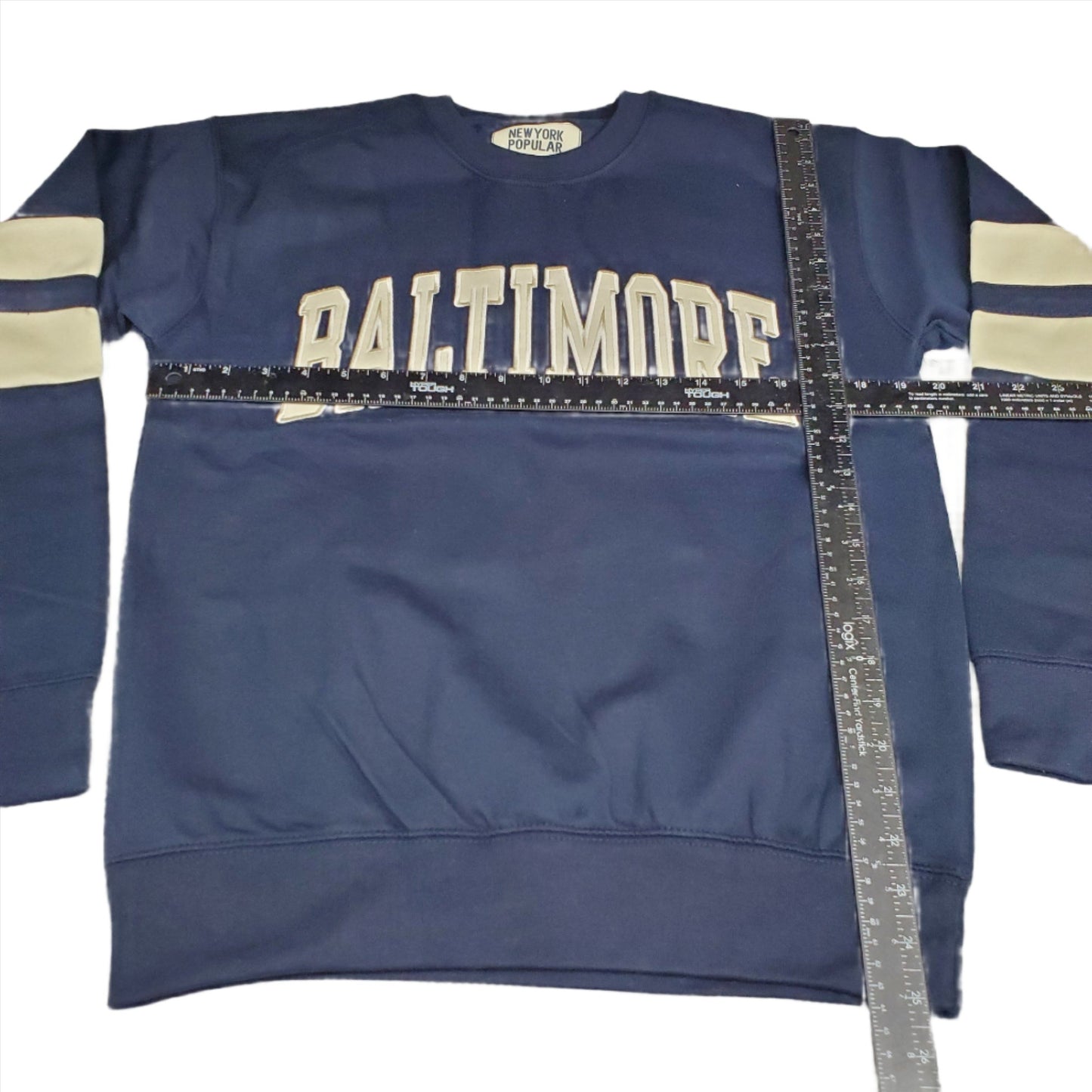 "Baltimore" Adult Unisex S-XL Crew Neck Pullover Sweater Embroidered Striped Long Sleeve, Navy Blue / Cream Cotton 60%/ Polyester 40%