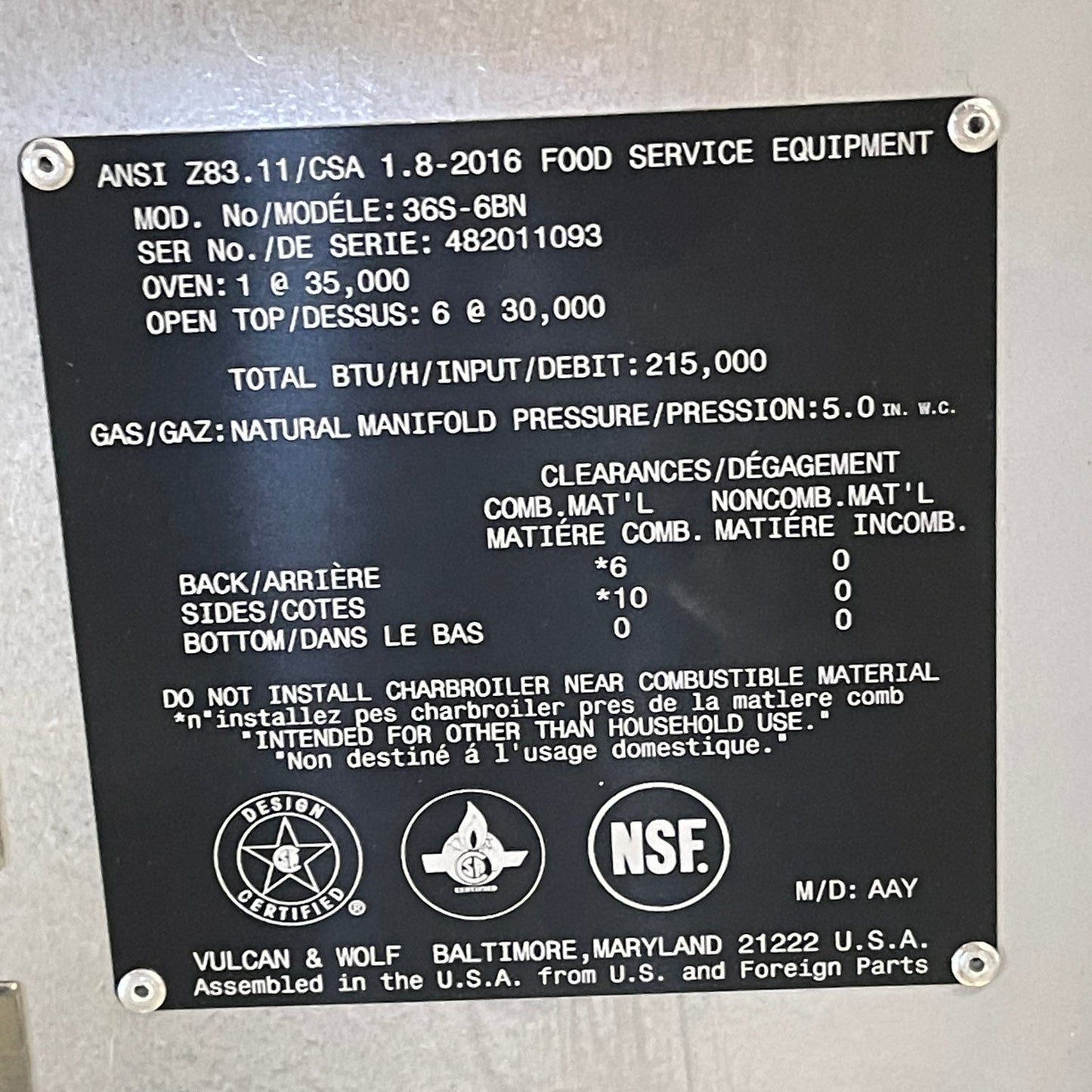 VULCAN Endurance 6x Burner Natural Gas Range With Convection Oven 36" x 6 Burner Model: 36C-6BN