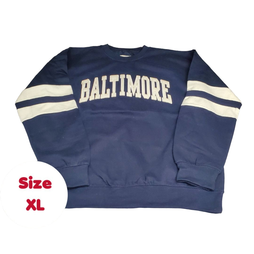 "Baltimore" Adult Unisex S-XL Crew Neck Pullover Sweater Embroidered Striped Long Sleeve, Navy Blue / Cream Cotton 60%/ Polyester 40%