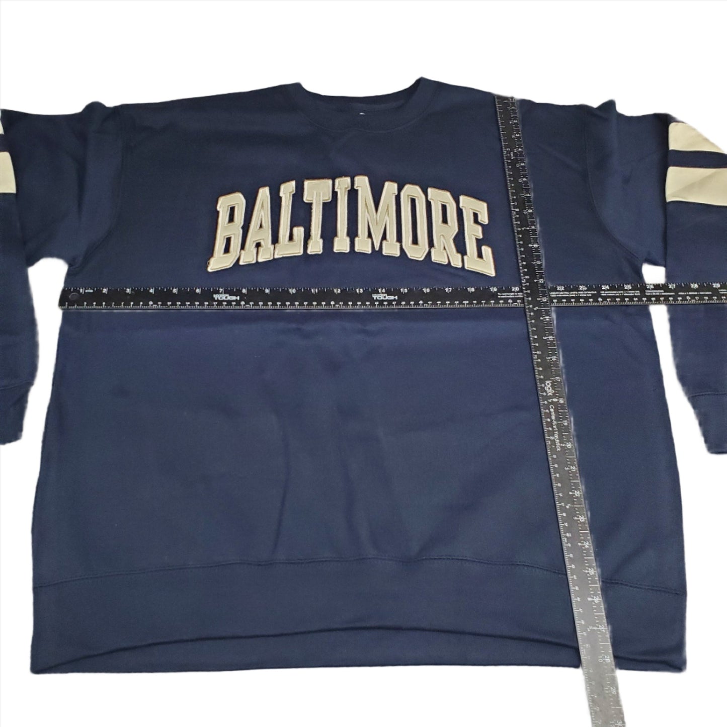 "Baltimore" Adult Unisex S-XL Crew Neck Pullover Sweater Embroidered Striped Long Sleeve, Navy Blue / Cream Cotton 60%/ Polyester 40%