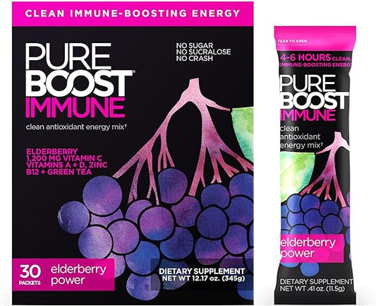 PUREBOOST IMMUNE Clean Antioxidant Energy Drink Mix, Elderberry Power, 30 pcs 12.17 oz Best By: 4/24