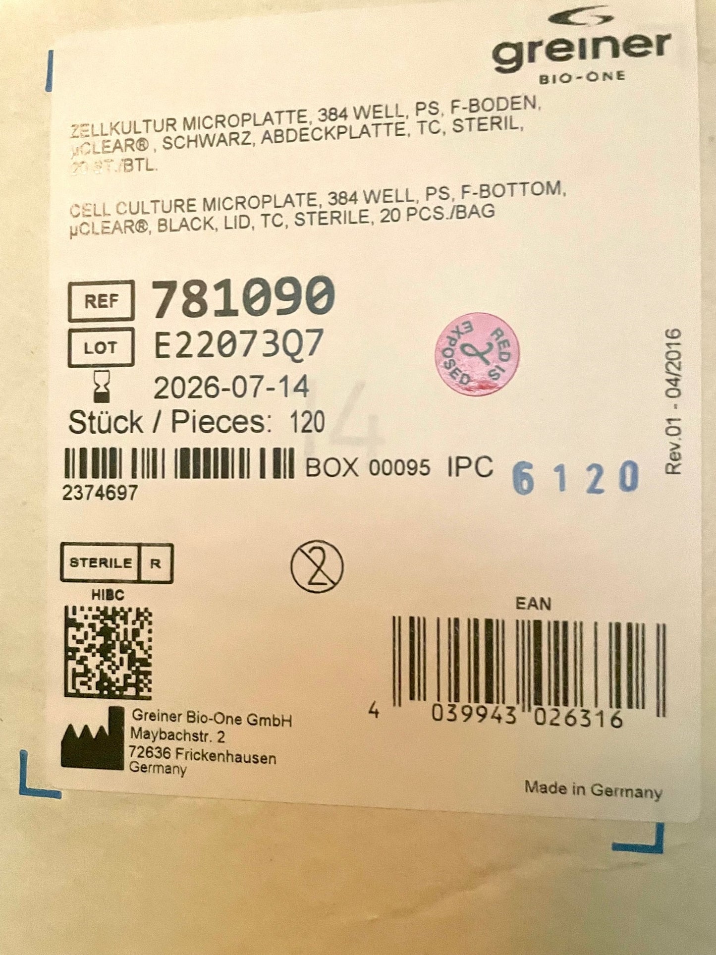 GREINER BIO-ONE Med Supply Cell Culture Microplates 384 Well Polystyrene 120x Pieces/ Case - 781090