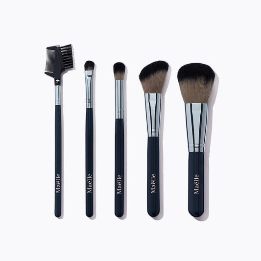 Maelle Like a Pro! ESSENTIAL BRUSH KIT - Makeup Artist Pro Cosmetic Brushes 5 pc. Kit; Brow and Lash Brush, Eyeshadow Applicator Brush, Eyeshadow Blending Brush, Angled Cheek Brush, Powder Brush, Brush Organizer Makeup Tools