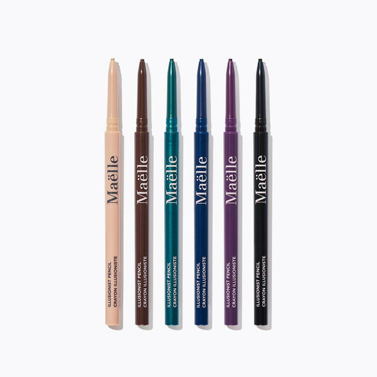 Maelle ILLUSIONIST EYELINER PENCILS - Six (6x) eyeliner shades in a reusable metal case  - Self-Sharpening - Ultra-fine - Waterproof - Long-lasting - Eyeliner Makeup  Shades: Eye Brightener, Mocha, Forest Green, Blue Velvet, Smoky Plum, Jet Black