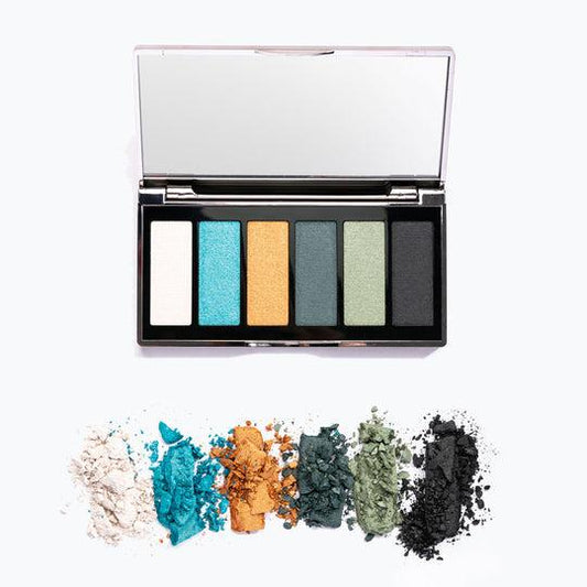 Maelle HYPNOTIZED EYESHADOW COLLECTION - Six eyeshadow shades in a mirrored compact - Shades: White Sand, Sky Blue, Golden Tan, Forest Green, Jungle Safari, Volcanic Black Matte Metallic Satin Glitter Cosmetic Multicolor