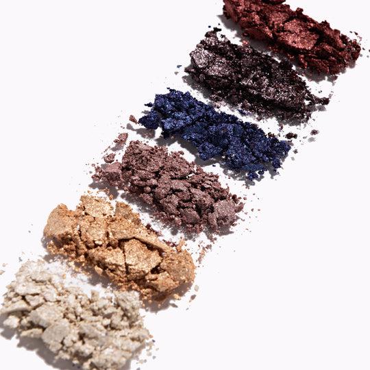 Maelle SOIRÉE EYESHADOW COLLECTION - Illuminating, Bold Color - Six (6x) eyeshadow shades in a mirrored compact. High-powered pigments: Martini, Prosecco, Magic Hour, Midnight, All-Nighter, Merlot Metallic Satin Eyeshadow Makeup Cosmetic