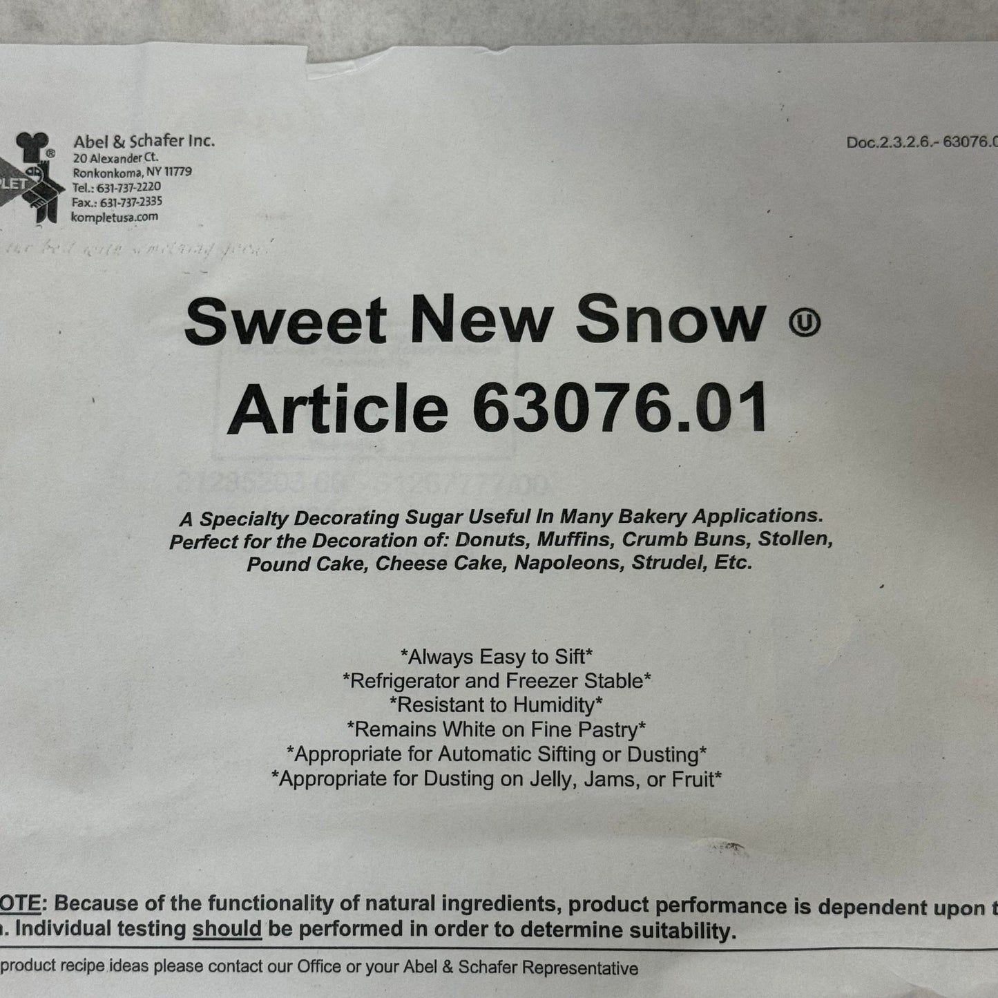 Decorating Powdered Sugar ABEL & SCHAFER Sweet New Snow (BULK) 50 lbs. Best By: 01/25 #63076.01