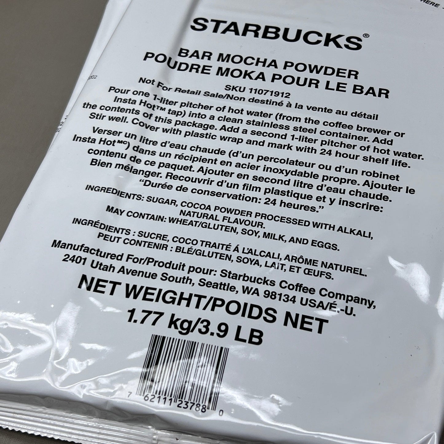 STARBUCKS Bar Mocha Powder Chocolate 62.5 OZ / 3.9 lbs Best By: 09/24