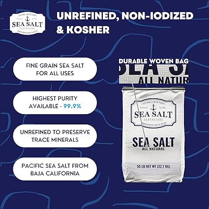 SEA SALT - 50 lbs Non-Iodized, Kosher, Fine Grain Sea Salt for Commercial Use, Food Grade, No Additives, 99.9% Purity