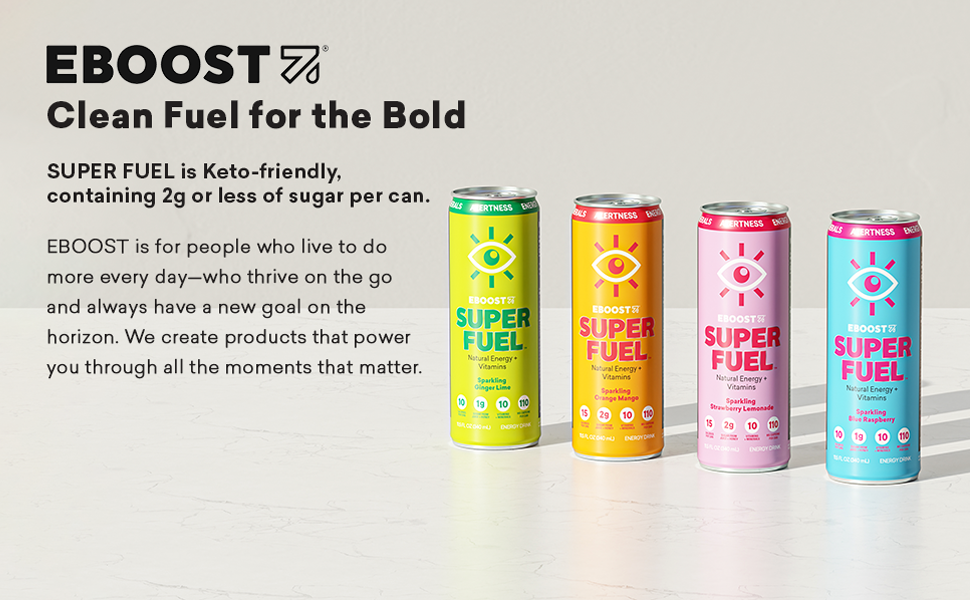 EBOOST Super Fuel Natural Energy Vitamins Sparkling Drinks 12x/ Case Orange Mango & Strawberry Lemonade Shelf Stable (as-is) Best By: 7/24