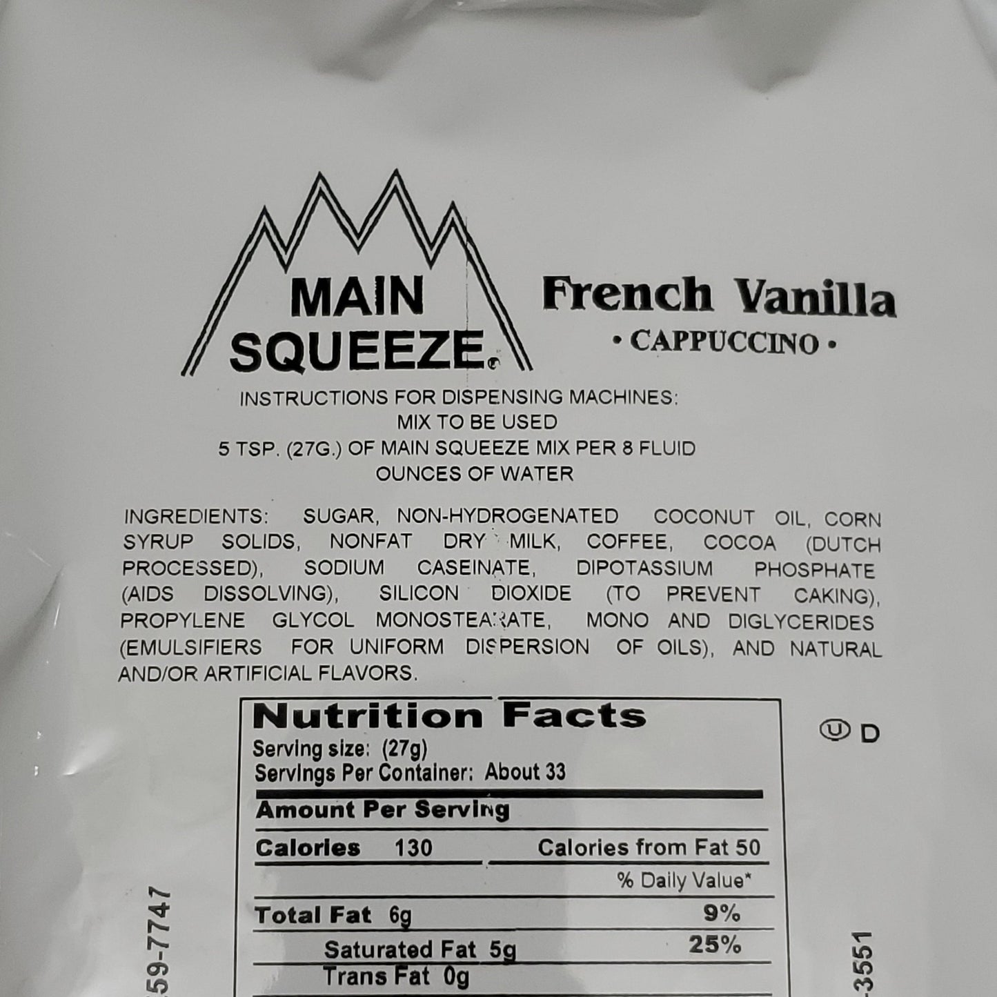 MAIN SQUEEZE French Vanilla Cappuccino Mix Powder 32 oz. #FVC-3551 New BB: 09/26