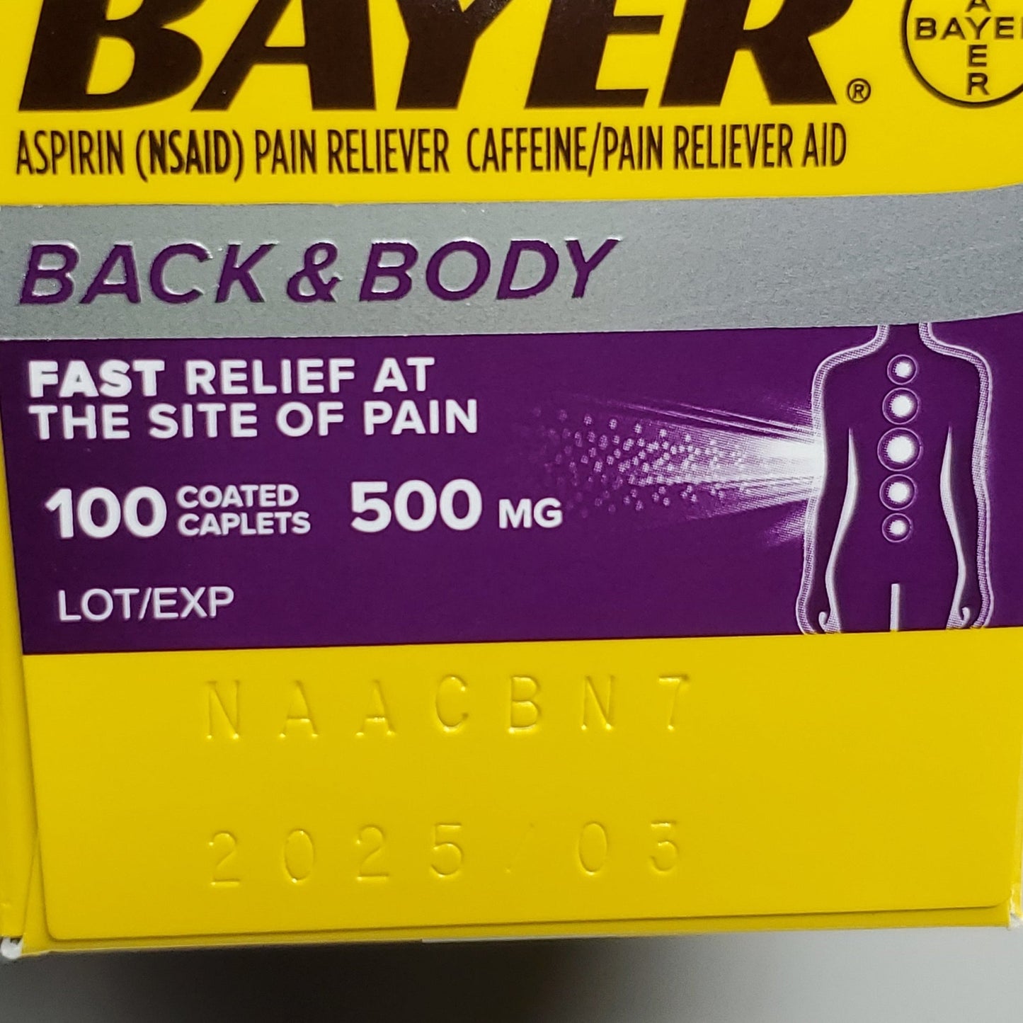 BAYER Aspirin Back & Body Pain Reliever 500 mg, 100 ct. Coated Caplets  Best By: 03/25