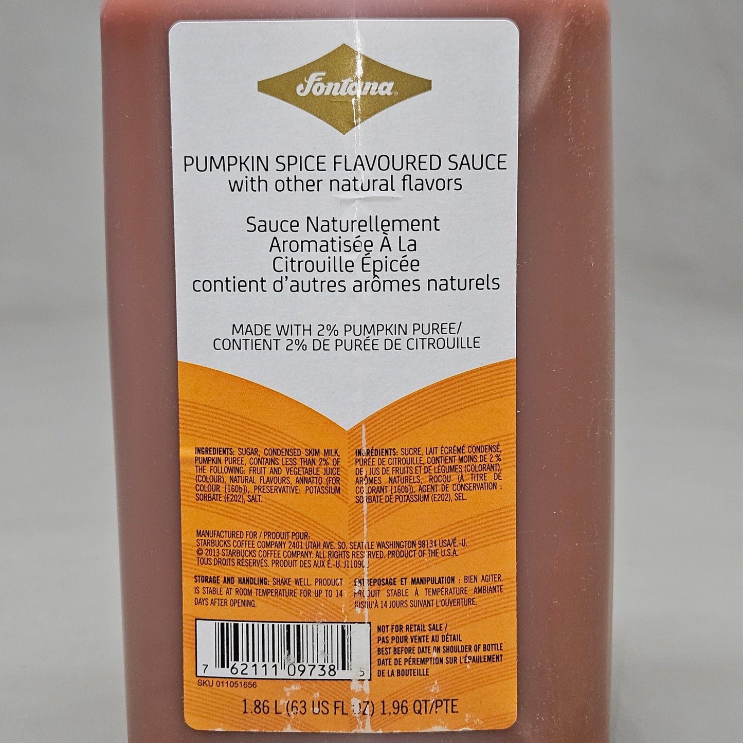 STARBUCKS Pumpkin Spice Flavored Sauce (1.86 L/bottle) Shelf Stable BB: 01/24 (as-is)