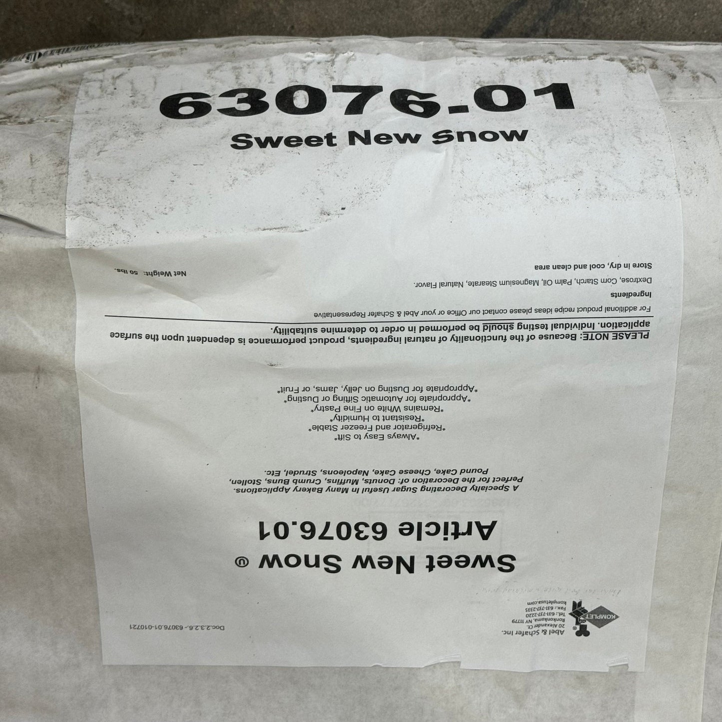 Decorating Powdered Sugar ABEL & SCHAFER Sweet New Snow (BULK) 50 lbs. Best By: 01/25 #63076.01