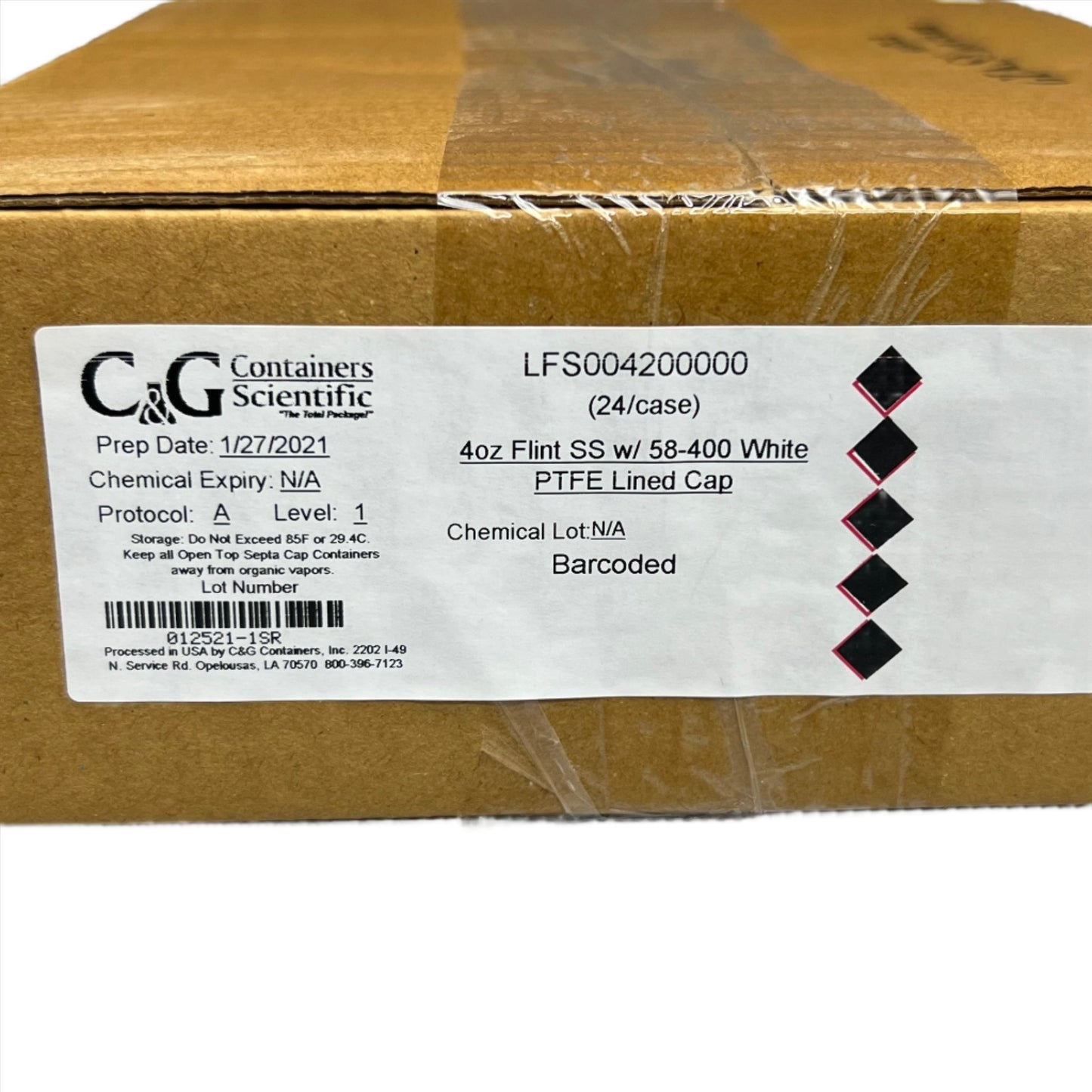 C&G Scientific Containers 24 ct 4 oz (120 ml) Clear w/ 58-400 PTFE Lined Cap Bottles w/ A1 Wash Protocol, Barcoded with Sample Labels Included Model: LFS004200000