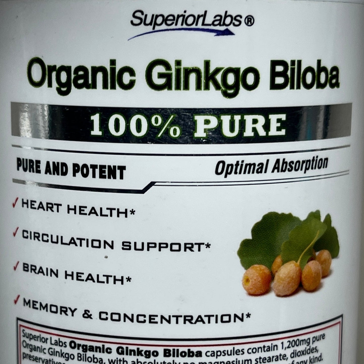 SUPERIOR LABS Organic Ginkgo Biloba 1200mg 120 Capsules OUTDATED 04/23