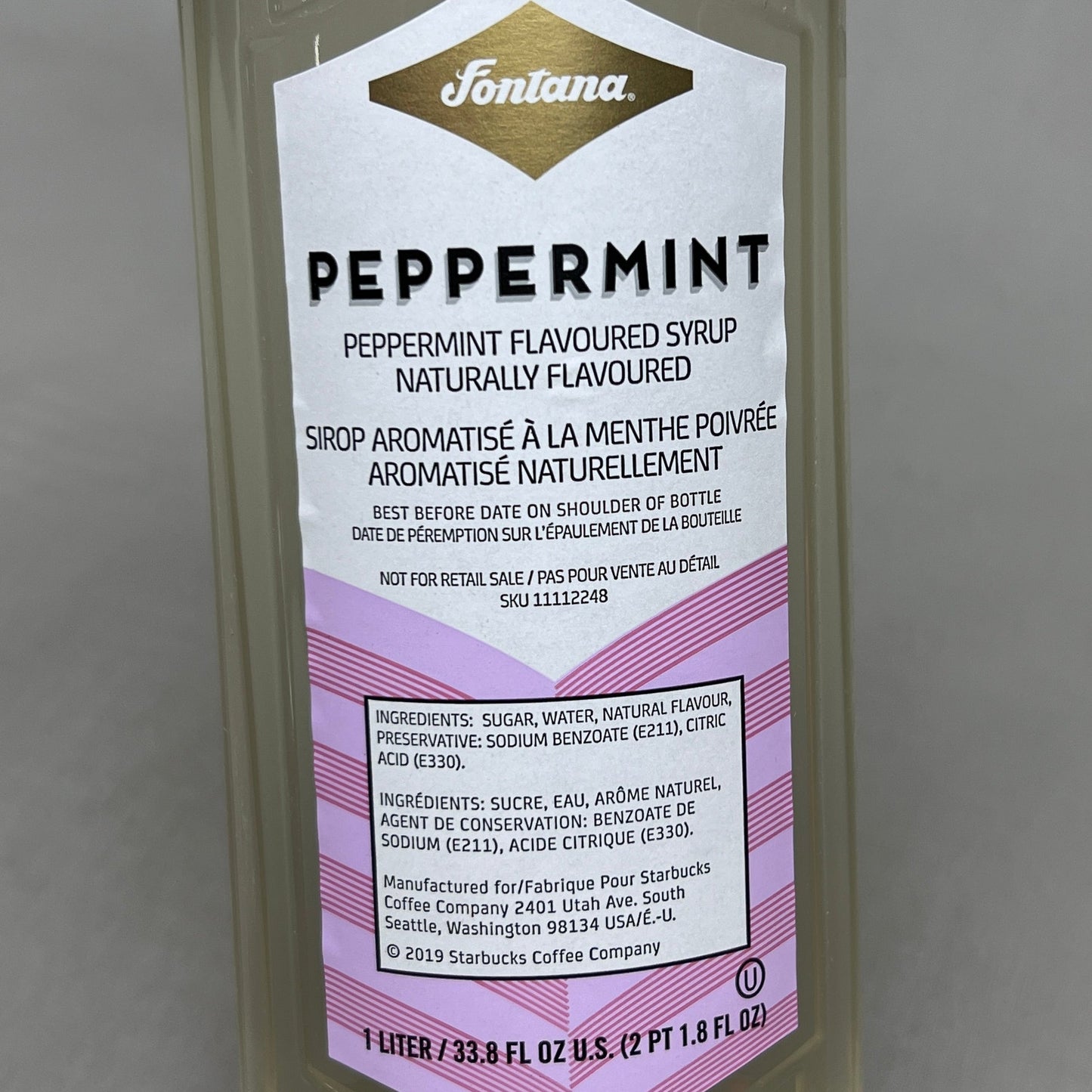 STARBUCKS Fontana Peppermint Syrup 33.8 fl oz Shelf Stable (as-is) Best By: 03/24