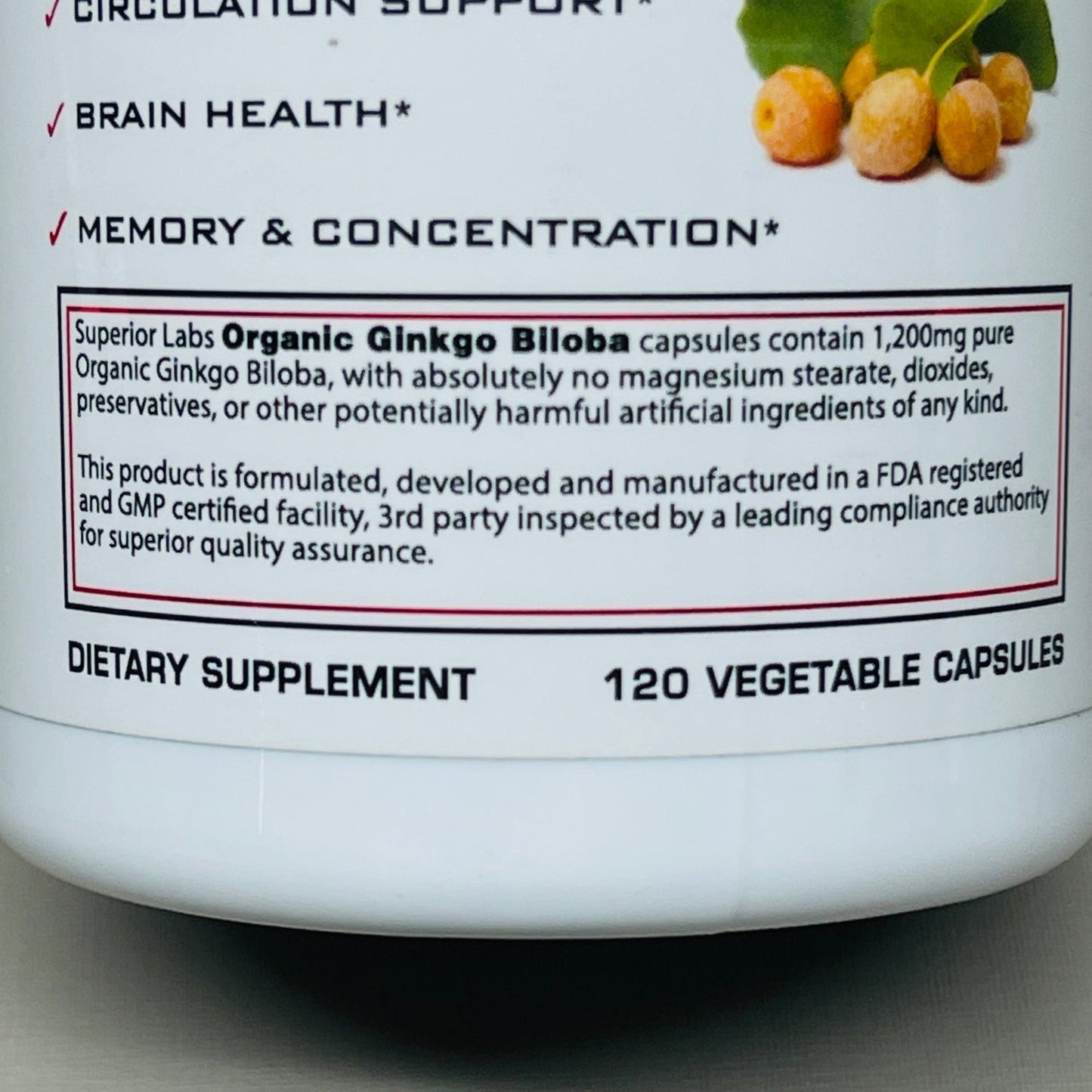 SUPERIOR LABS Organic Ginkgo Biloba 1200mg 120 Capsules OUTDATED 04/23