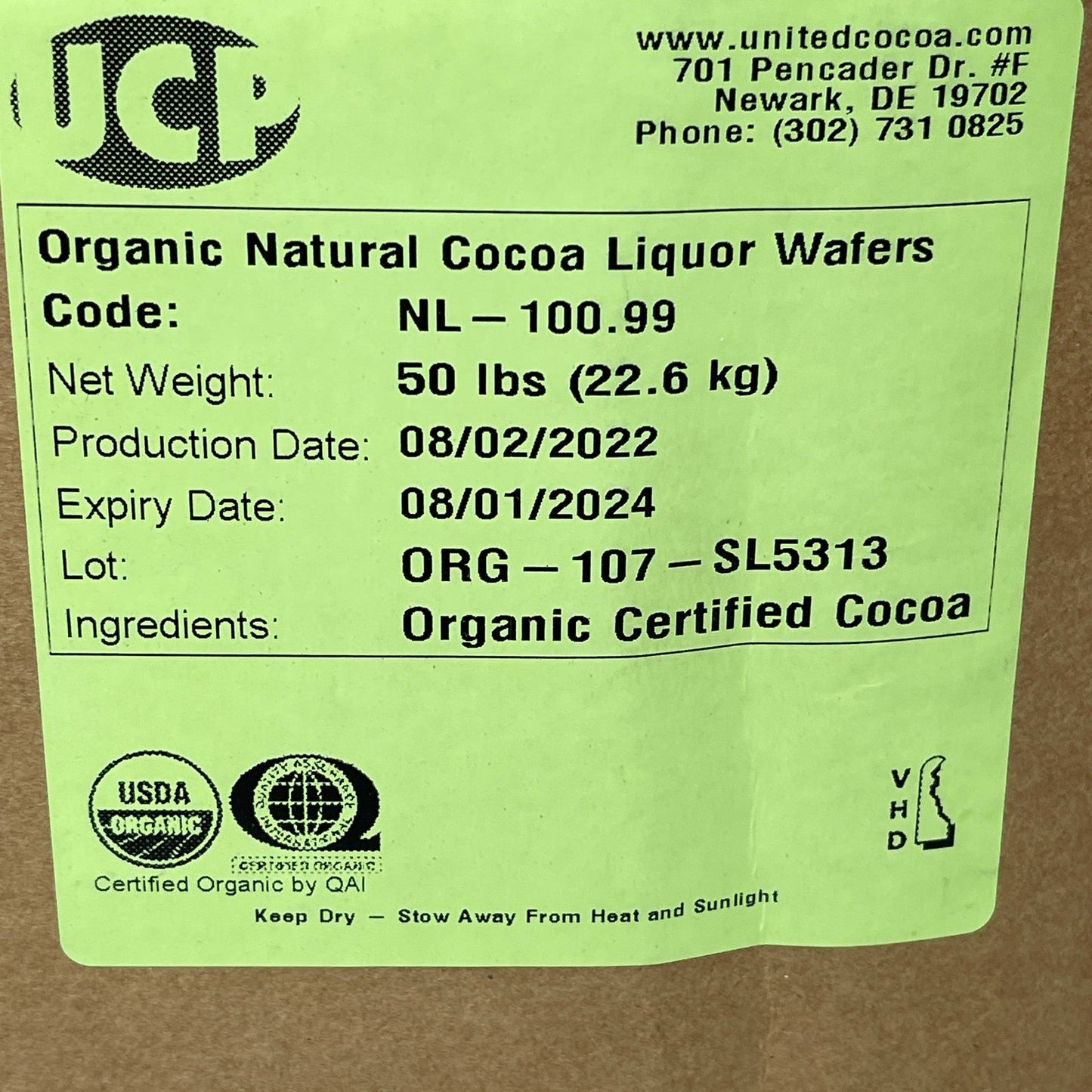 UCP Organic Natural Cocoa Liquor Wafers BULK 50 lb/box (New) Shelf Stable (as-is) Best By: 08/24