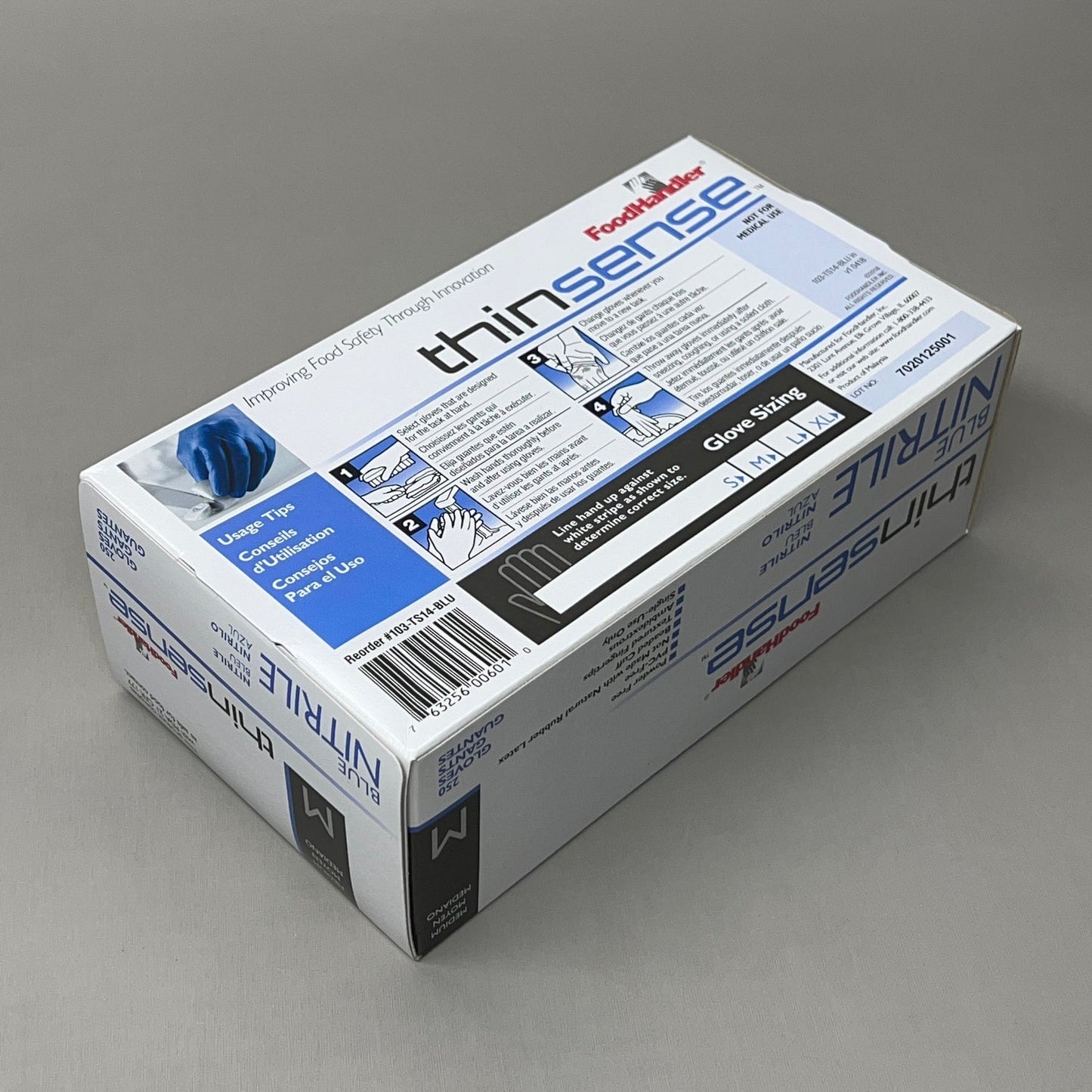 FOOD HANDLER Thinsense Blue Nitrile Gloves Medium  MPN: 103-TS14-BLU  Model: P4500 Quantity: 250/ Box