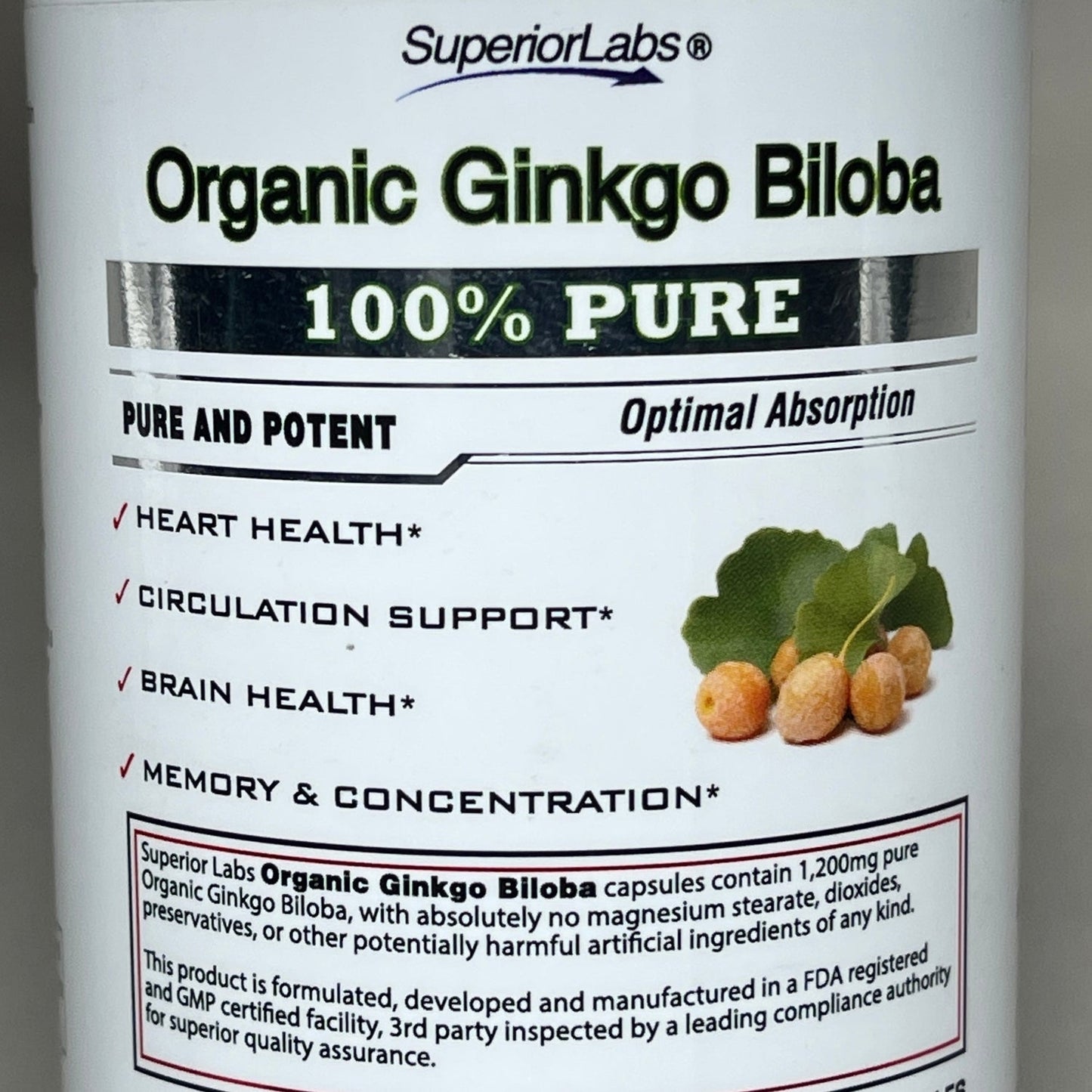 SUPERIOR LABS Organic Ginkgo Biloba 1200mg 120 Capsules OUTDATED 04/23