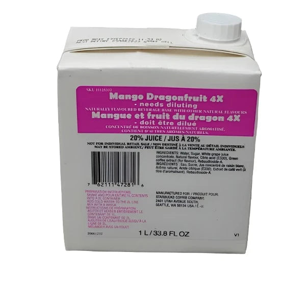 STARBUCKS Mango Dragonfruit 4x Concentrated Beverage Base Naturally Flavored 1 L. Shelf Stable (as-is) Best By: 02/24