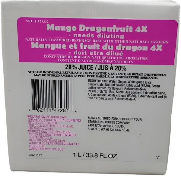 STARBUCKS Mango Dragonfruit 4x Concentrated Beverage Base Naturally Flavored 1 L. Shelf Stable (as-is) Best By: 06/24