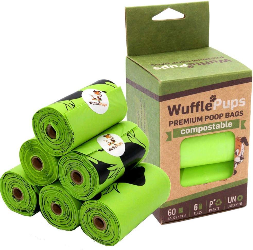 WUFFLEPUPS Premium Compostable Pet Waste Bags - Sold as Case of 40 boxes x 6 rolls = 60x 9”x13” bags /per box