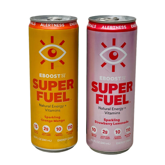 EBOOST Super Fuel Natural Energy Vitamins Sparkling Drinks 12x/ Case Orange Mango & Strawberry Lemonade Shelf Stable (as-is) Best By: 7/24